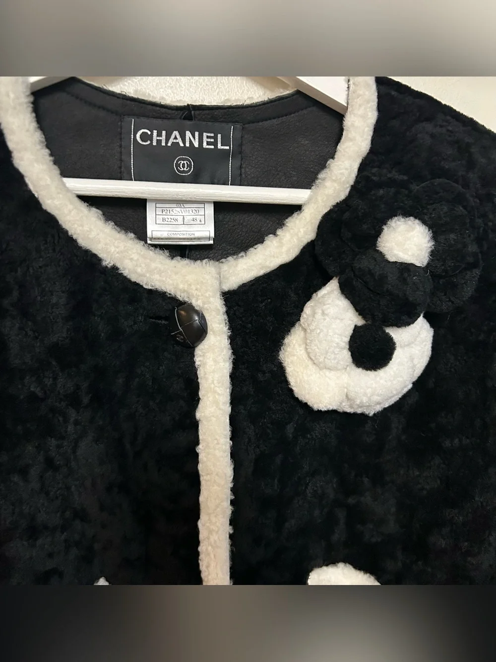 Chanel 48 shearling button coat camellia fur brooches RARE VINTAGE A03
